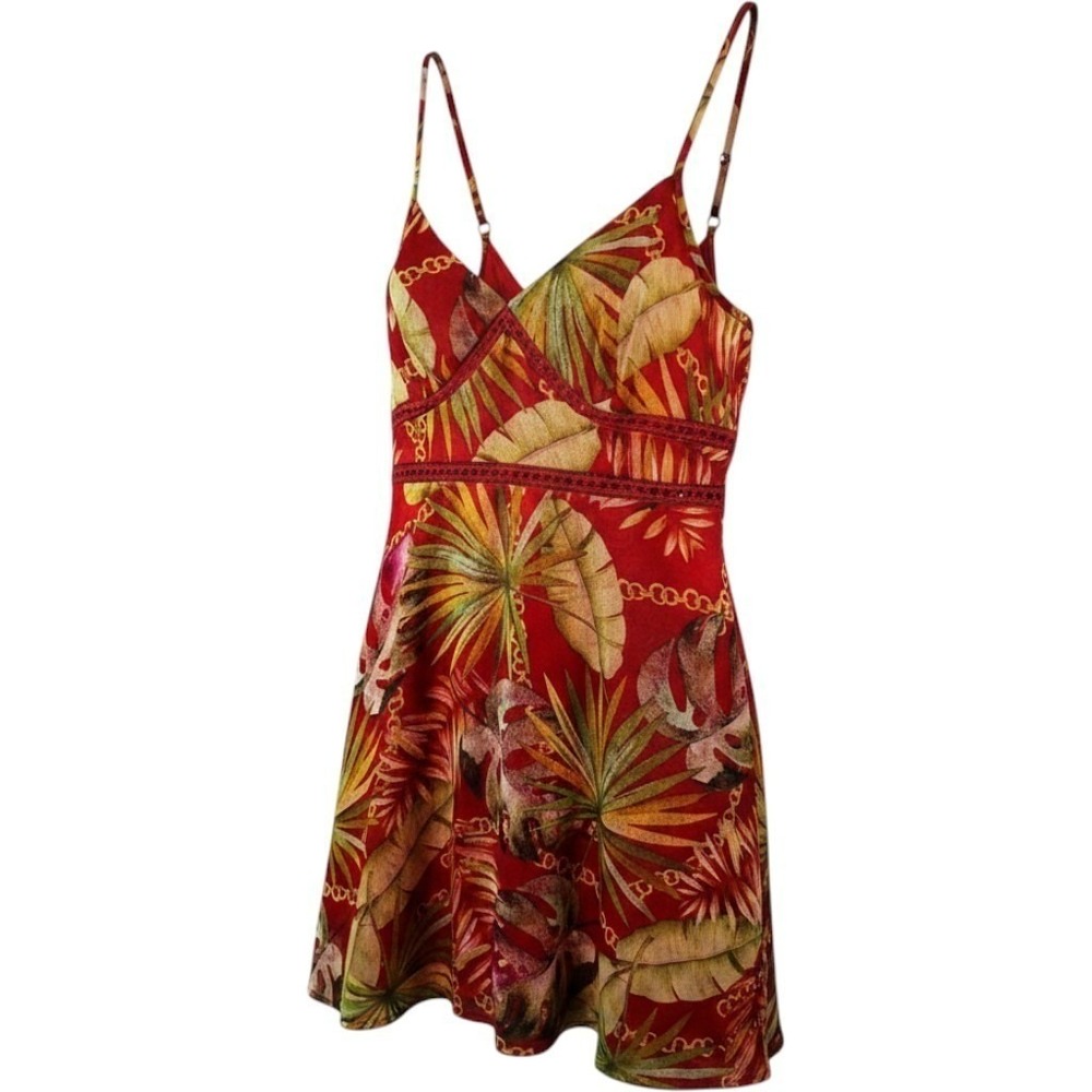 Guess Womens Red Floral Botanical Summer Mini Dress Tropical Palm Large